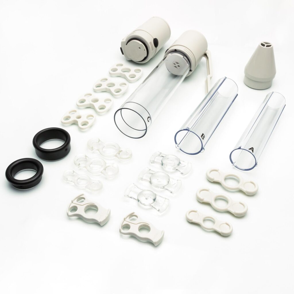 SomaErect STF Plus Vacuum Therapy System which includes 1 Manually Operated Negative Pressure Device, 1 Battery Operated Negative Pressure Device, battery, 1 Standard Cylinder, 2 Cylinder Inserts, Sizing Adapters (to use at base of cylinder), full assortment of Tension Systems, 1 Tension System Loading Cone, 1 tube of SomaTherapy-ED Lubricant, 1 Discreet Carrying Case, and 1 Comprehensive Patient Instruction Manual (made by Augusta Medical Systems)