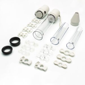 SomaErect STF Plus Vacuum Therapy System which includes 1 Manually Operated Negative Pressure Device, 1 Battery Operated Negative Pressure Device, battery, 1 Standard Cylinder, 2 Cylinder Inserts, Sizing Adapters (to use at base of cylinder), full assortment of Tension Systems, 1 Tension System Loading Cone, 1 tube of SomaTherapy-ED Lubricant, 1 Discreet Carrying Case, and 1 Comprehensive Patient Instruction Manual (made by Augusta Medical Systems)
