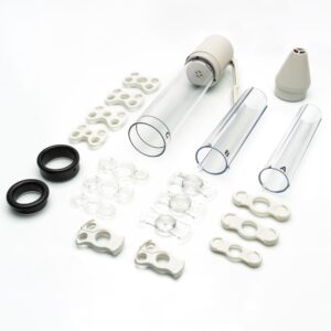 SomaErect STF Vacuum Therapy System which includes 1 Manually Operated Negative Pressure Device, 1 Standard Cylinder, 2 Cylinder Inserts, Sizing Adapters (to use at base of cylinder), full assortment of Tension Systems, 1 Tension System Loading Cone, 1 tube of SomaTherapy-ED Lubricant, 1 Discreet Carrying Case, and 1 Comprehensive Patient Instruction Manual (made by Augusta Medical Systems)