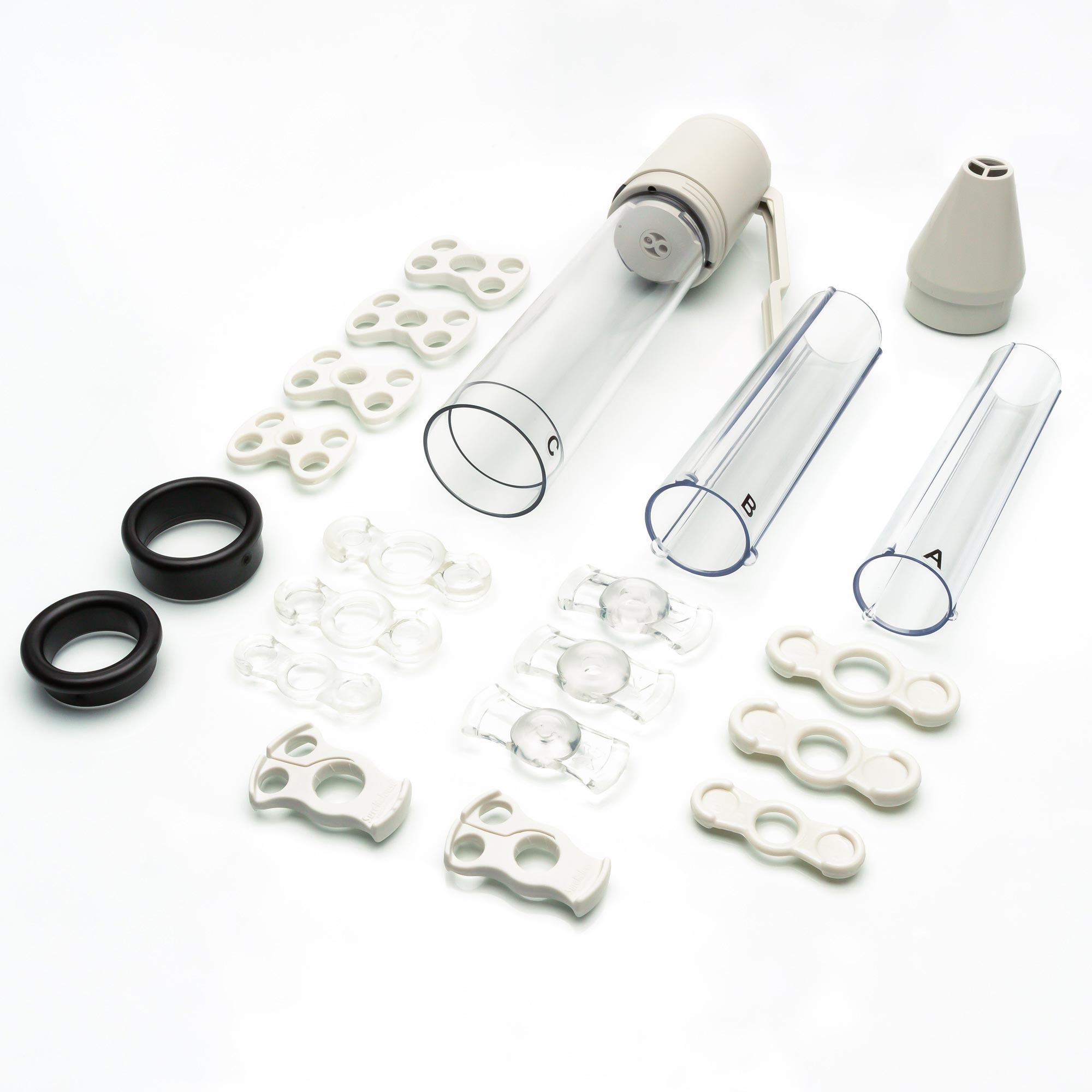 SomaErect STF Vacuum Therapy System which includes 1 Manually Operated Negative Pressure Device, 1 Standard Cylinder, 2 Cylinder Inserts, Sizing Adapters (to use at base of cylinder), full assortment of Tension Systems, 1 Tension System Loading Cone, 1 tube of SomaTherapy-ED Lubricant, 1 Discreet Carrying Case, and 1 Comprehensive Patient Instruction Manual (made by Augusta Medical Systems)