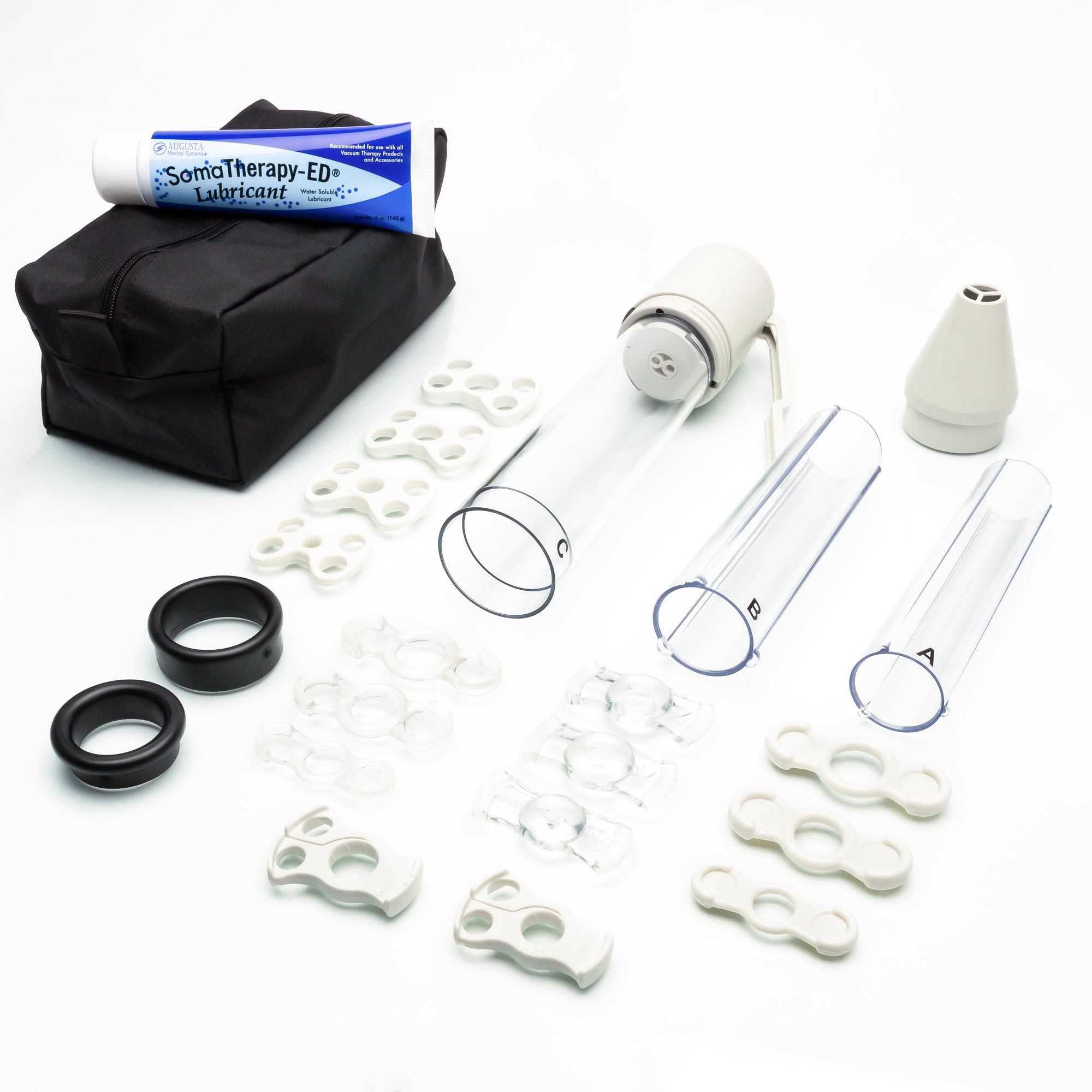 SomaErect STF Vacuum Therapy System which includes 1 Manually Operated Negative Pressure Device, 1 Standard Cylinder, 2 Cylinder Inserts, Sizing Adapters (to use at base of cylinder), full assortment of Tension Systems, 1 Tension System Loading Cone, 1 tube of SomaTherapy-ED Lubricant, 1 Discreet Carrying Case, and 1 Comprehensive Patient Instruction Manual (made by Augusta Medical Systems)