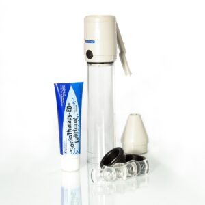 SomaTherapy OTC Manual Vacuum Therapy System which includes 1 Manually Operated Negative Pressure Device, 1 Standard Cylinder, 2 Sizing Adapters (to use at base of cylinder), all 3 sizes of the Surefit Tension System, 1 Tension System Loading Cone, 1 tube of SomaTherapy-ED Lubricant, 1 Discreet Carrying Case, and 1 Comprehensive Patient Instruction Manual (made by Augusta Medical Systems).