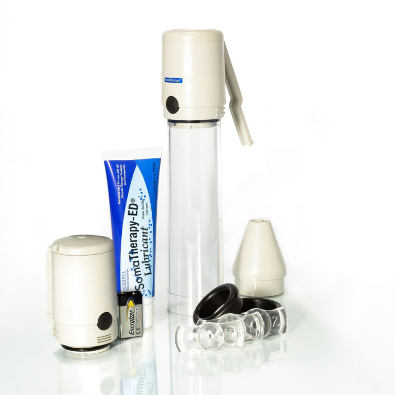 SomaTherapy OTC Premium Vacuum Therapy System which includes 1 Manually Operated Negative Pressure Device, 1 Battery Operated Negative Pressure Device, battery, 1 Standard Cylinder, 2 Sizing Adapters (to use at base of cylinder), all 3 sizes of the Surefit Tension System, 1 Tension System Loading Cone, 1 tube of SomaTherapy-ED Lubricant, 1 Discreet Carrying Case, and 1 Comprehensive Patient Instruction Manual (made by Augusta Medical Systems).